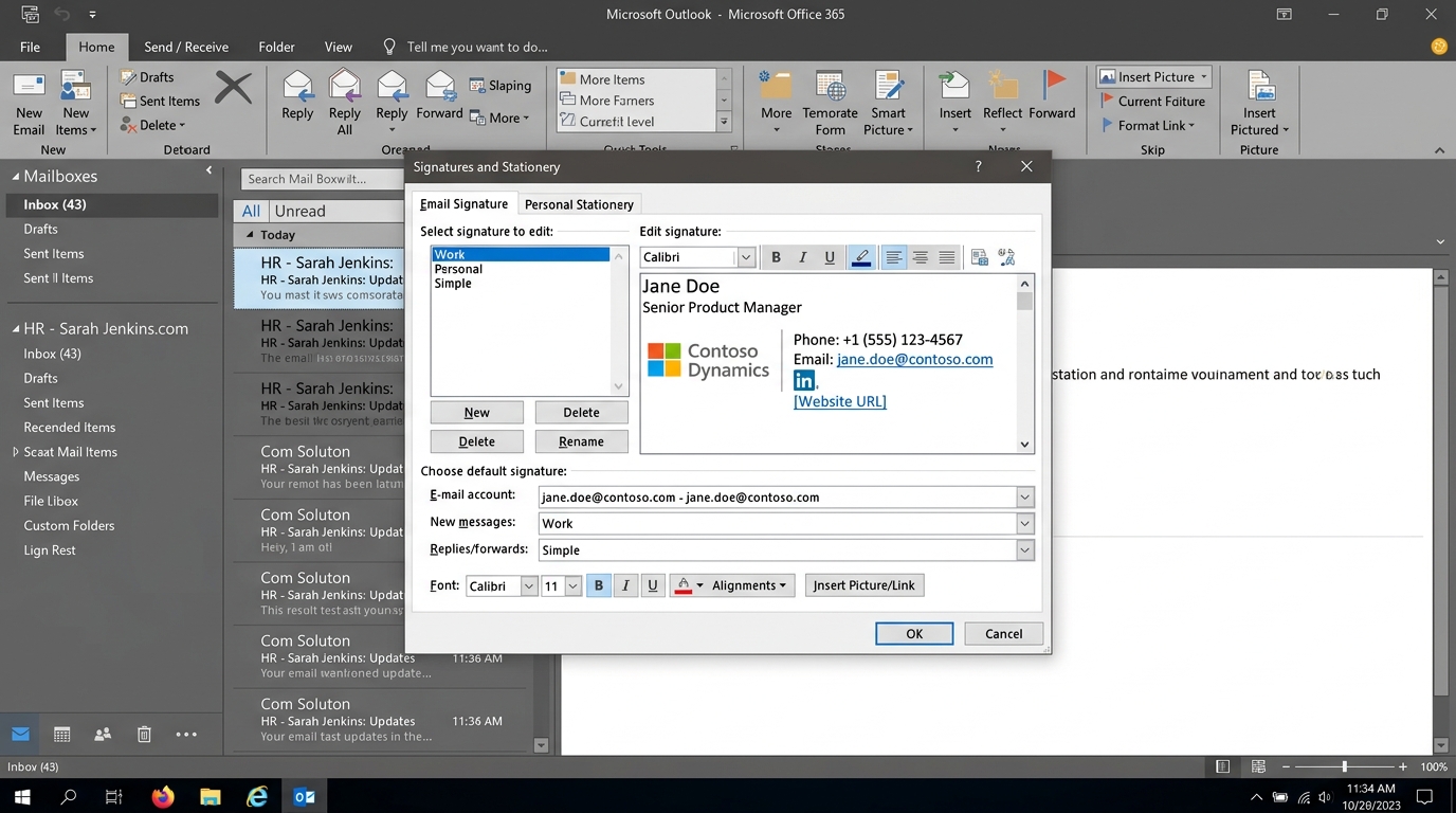 Microsoft Outlook Classic Desktop Signatures and Stationery Dialog Screenshot