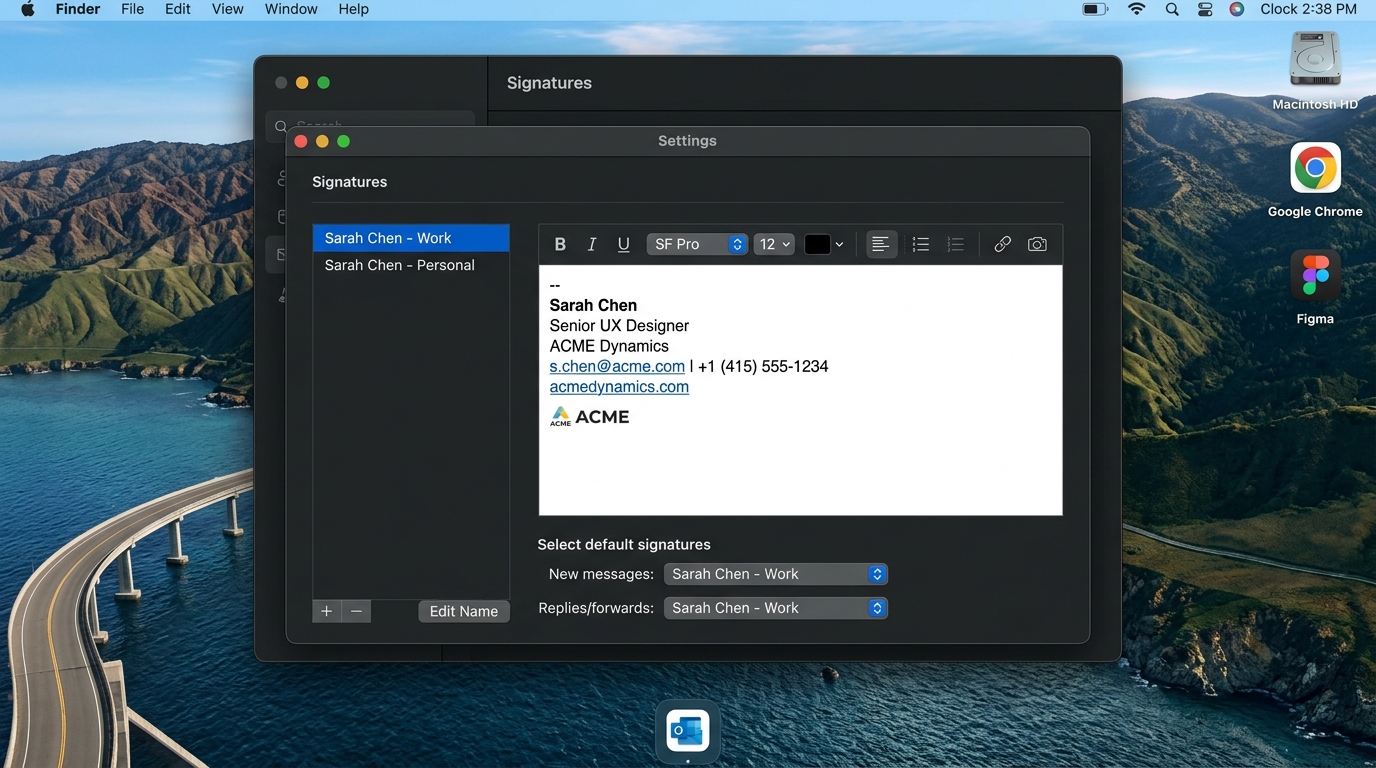Microsoft Outlook for Mac macOS Email Signature Settings Screenshot