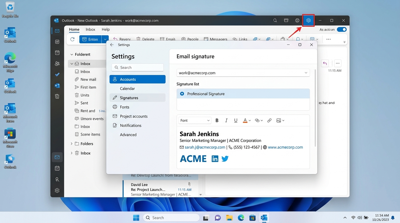 Microsoft New Outlook for Windows 11 Email Signature Setup Screenshot