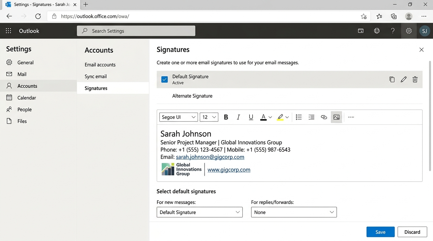 Microsoft Outlook Web OWA Email Signature Settings Screenshot